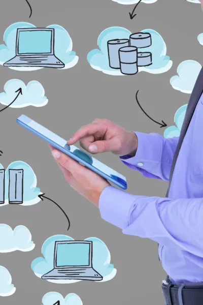 Man with tablet clouds background icons